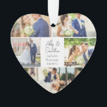 Pas getrouwd paar bruiloft foto collage hartvormig ornament<br><div class="desc">Dit prachtige pasgetrouwde paar houdt hartvormige kerstversiering cadeau is voorzien van een stijlvolle lay-out van 5 trouwfoto's op een witte achtergrond met de namen, locatie en datum van het getrouwde paar. Een prachtig herdenkingsgeschenk voor uw vrouw of man om voor altijd te koesteren. Voeg een volledige foto toe op de...</div>