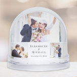 Pas getrouwd Photo Collage Sneeuwbol<br><div class="desc">Een wereldbol-aandenken voor pasgetrouwden met een 3-foto collage van hun bruiloft op de voorkant en hun namen en trouwdatum in elegante letters. Voeg een 4e foto toe op de achterkant.</div>