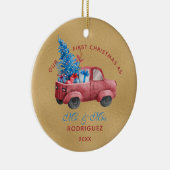 Pas getrouwd Rode Kersttruck Waterverf Foto Keramisch Ornament (Rechts)
