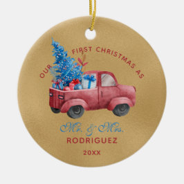 Pas getrouwd Rode Kersttruck Waterverf Foto Keramisch Ornament