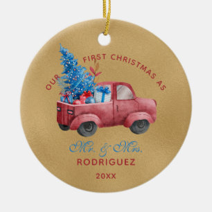 Pas getrouwd Rode Kersttruck Waterverf Foto Keramisch Ornament