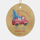 Pas getrouwd Rode Kersttruck Waterverf Foto Keramisch Ornament (Links)