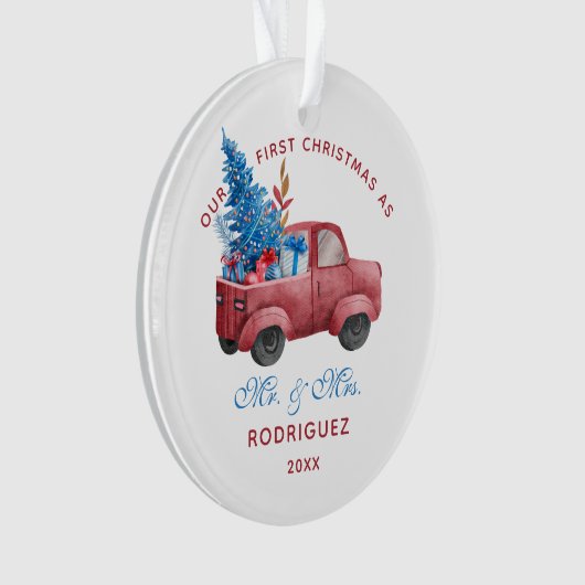 Pas getrouwd Rode Kersttruck Waterverf Foto Ornament (voorkant)