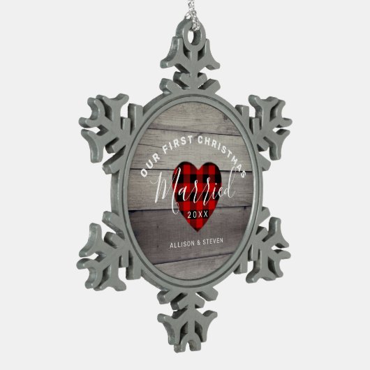 Pas getrouwd Rustic Names eerste kerstfeest Tin Sneeuwvlok Ornament (Links)