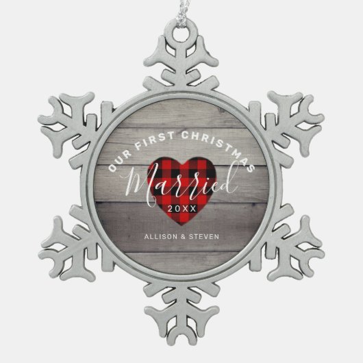 Pas getrouwd Rustic Names eerste kerstfeest Tin Sneeuwvlok Ornament (Voorkant)
