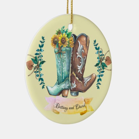 Pas getrouwd Rustic Wedding Cowboy Boots Waterverf Keramisch Ornament (Rechts)