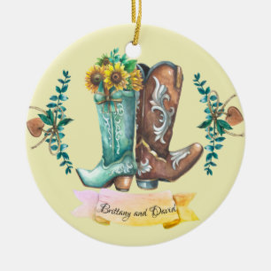 Pas getrouwd Rustic Wedding Cowboy Boots Waterverf Keramisch Ornament