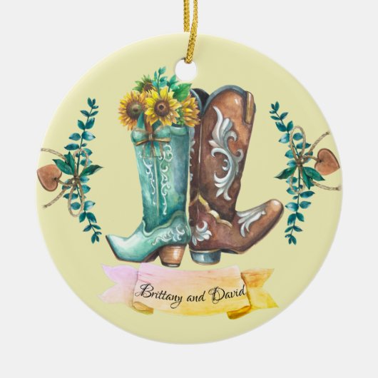 Pas getrouwd Rustic Wedding Cowboy Boots Waterverf Keramisch Ornament (Voorkant)