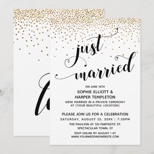 Pas Getrouwd Script, Gouden Confetti, Alleen Ontva Kaart (Voorkant / Achterkant)