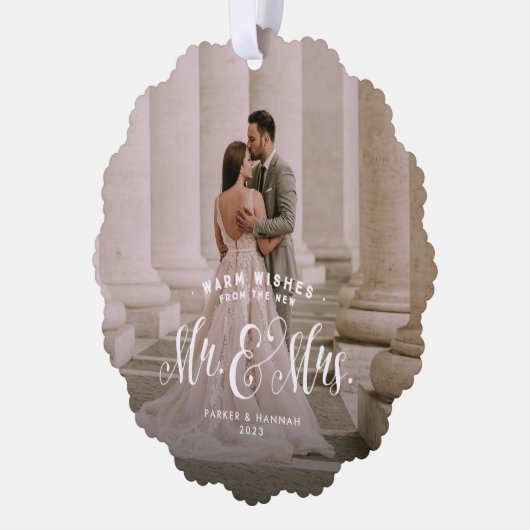 Pas getrouwd twee foto elegante kerst bruiloft ornament kaart (Links)