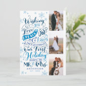 Pas getrouwd vakantie handgetekend | Blauw | 3-Fot Feestdagenkaart (Staand voorkant)