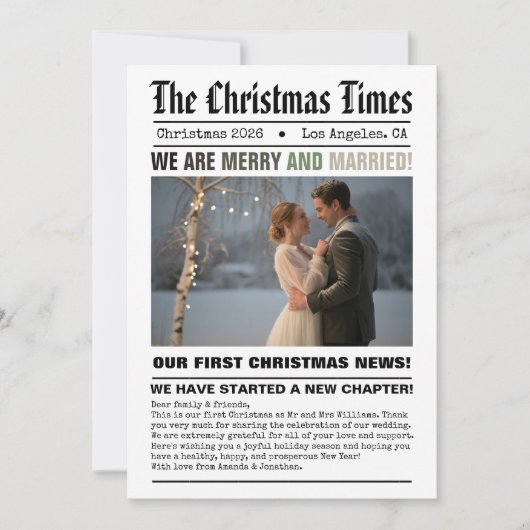 Pas getrouwd van onze eerste kerstkrantenfoto feestdagenkaart (Voorkant)