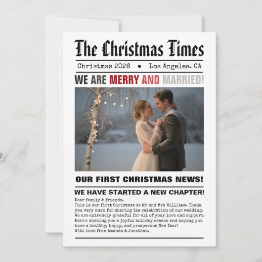 Pas getrouwd van onze eerste kerstkrantenfoto feestdagenkaart (Voorkant)