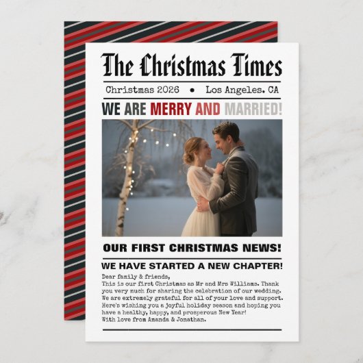 Pas getrouwd van onze eerste kerstkrantenfoto feestdagenkaart (Voorkant / Achterkant)