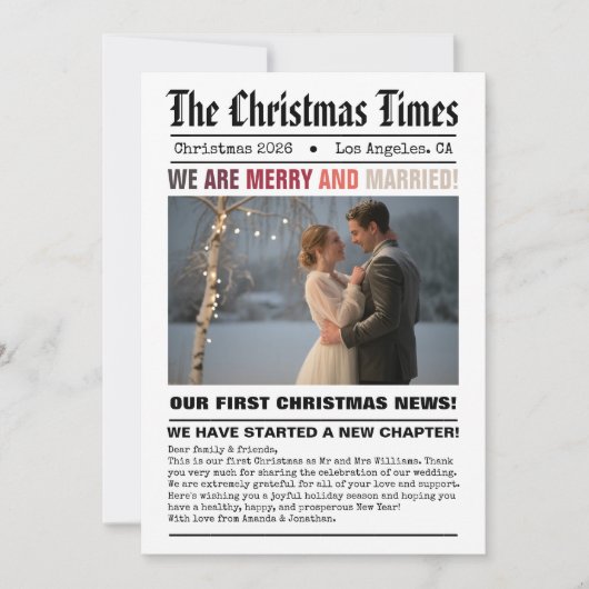 Pas getrouwd van onze eerste kerstkrantenfoto feestdagenkaart (Voorkant)