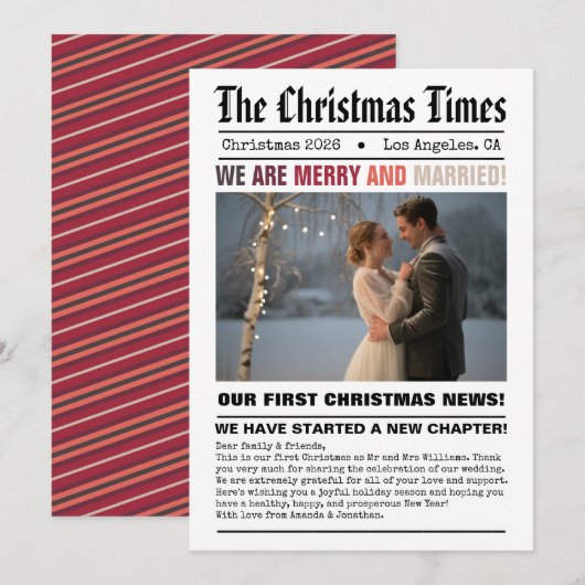 Pas getrouwd van onze eerste kerstkrantenfoto feestdagenkaart (Voorkant / Achterkant)