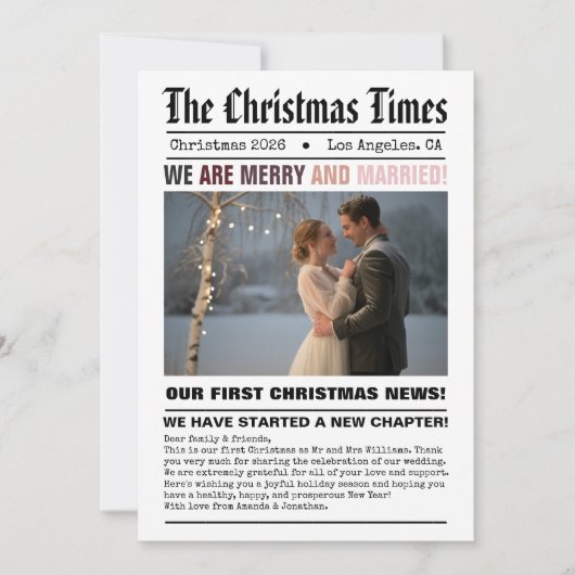 Pas getrouwd van onze eerste kerstkrantenfoto feestdagenkaart (Voorkant)