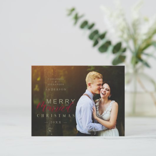 Pas getrouwd voor huwelijksreis en prettige feestd briefkaart (Staand voorkant)