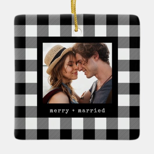 Pas getrouwd vrolijk en getrouwd koppel foto Plaid Keramisch Ornament (Voorkant)