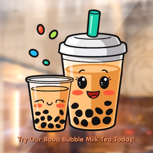 Pas Happy Bubble Tea Boba Cartoon 2 aan Raamsticker (Vel 2)