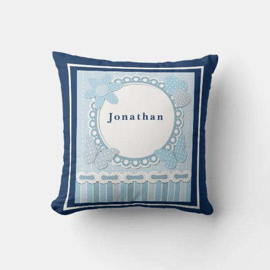 Pas het babyjongen aan blauwe vlinders Bloed hart  Kussen (Voorkant)