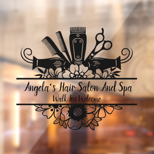 Pas het haar salon en spa aan Zwart Raamsticker (Vel 2)