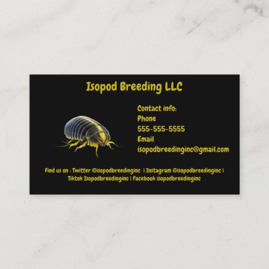 Pas Isopod Animal Black en Yellow aan Visitekaartje (Voorkant)