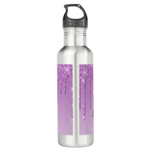 Pas je eigen paarse glitter aan waterfles (Achterkant)