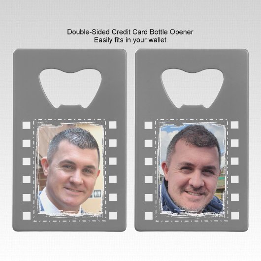 Pas met 2 foto's grijs en wit aan creditkaart flessenopener