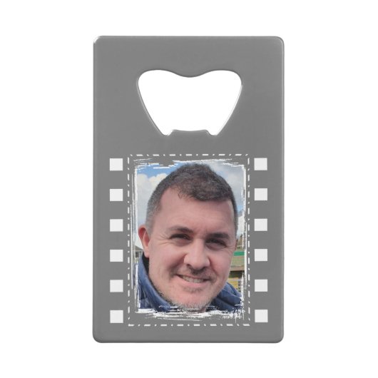 Pas met 2 foto's grijs en wit aan creditkaart flessenopener (Achterkant)