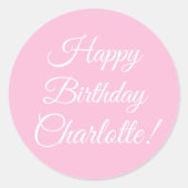 Pas met naam, Gelukkige Verjaardag, lichtroze aan Ronde Sticker (Voorkant)