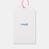 Pas met naam, tekst minimalistisch blauw wit aan cadeaulabel (Achterkant)