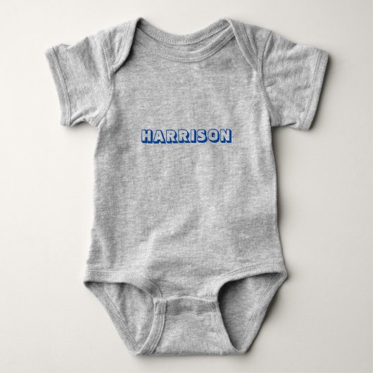 Pas naam aan, tekst blauwe letters grijs romper (Voorkant)