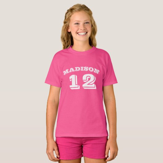 Pas naam, aantal roze wit aan t-shirt (Voorkant volledig)