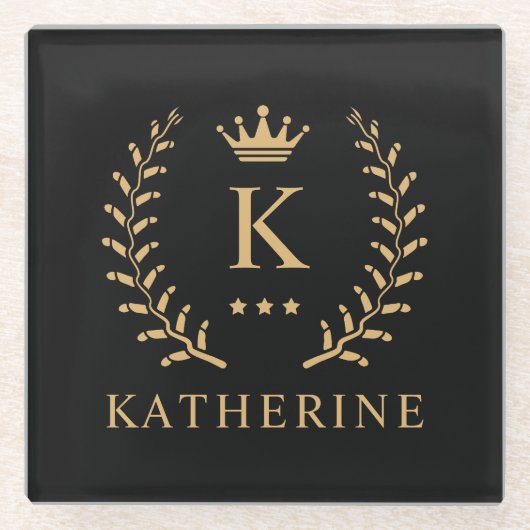 Pas Naam & Initiaal Zwart Wit Goud Monogram aan Glazen Onderzetter (Voorkant)