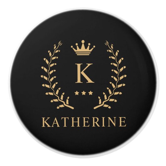 Pas Naam & Initiaal Zwart Wit Goud Monogram aan Keramische Knop (Voorkant)