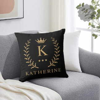 Pas Naam & Initiaal Zwart Wit Goud Monogram aan Kussen