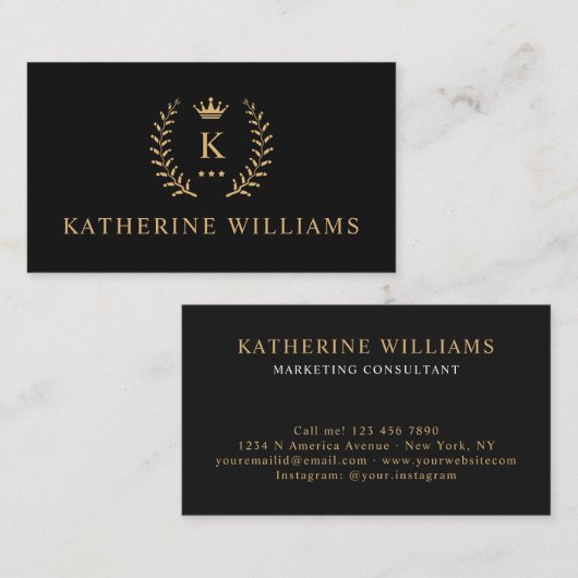 Pas Naam & Initiaal Zwart Wit Goud Monogram aan Visitekaartje (Voorkant / Achterkant)