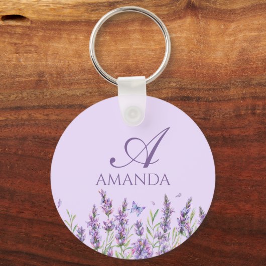 Pas Naam Paarse Lavendelbloem aan Sleutelhanger (Voorkant)
