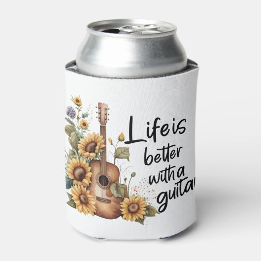 Pas naamgitaar met zonnebloem aan blikjeskoeler (Blikje Voorkant)