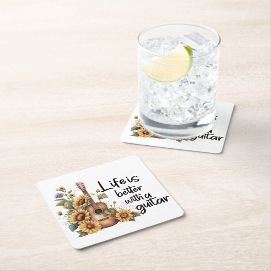 Pas naamgitaar met zonnebloem aan kartonnen onderzetters (Insitu)