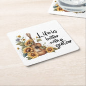 Pas naamgitaar met zonnebloem aan kartonnen onderzetters (Schuin)