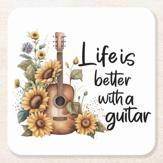 Pas naamgitaar met zonnebloem aan kartonnen onderzetters (Voorkant)