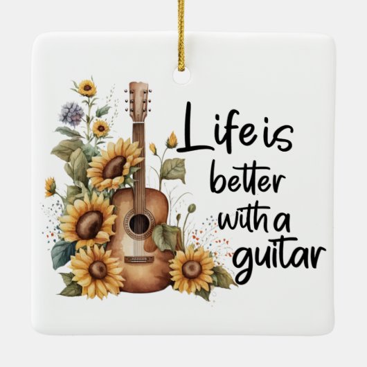 Pas naamgitaar met zonnebloem aan keramisch ornament (Achterkant)