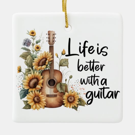 Pas naamgitaar met zonnebloem aan keramisch ornament (Voorkant)