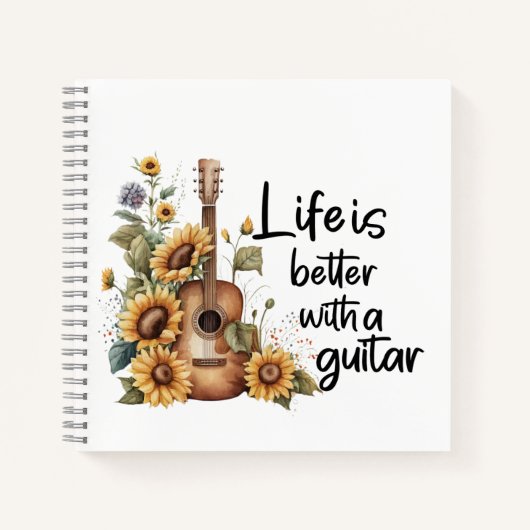 Pas naamgitaar met zonnebloem aan notitieboek (Voorkant)