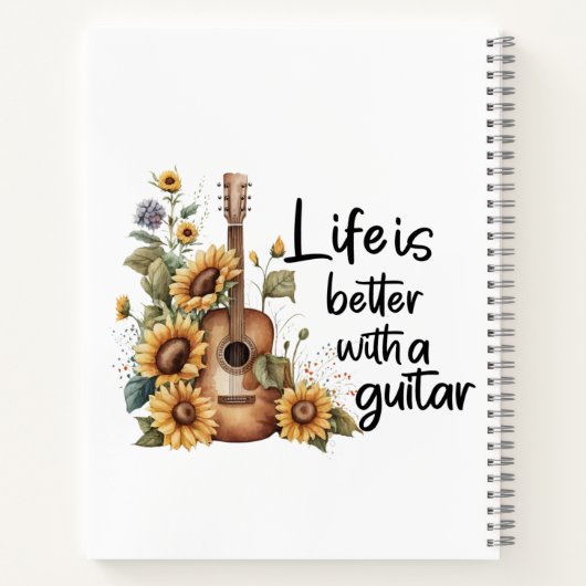 Pas naamgitaar met zonnebloem aan notitieboek (Achterkant)