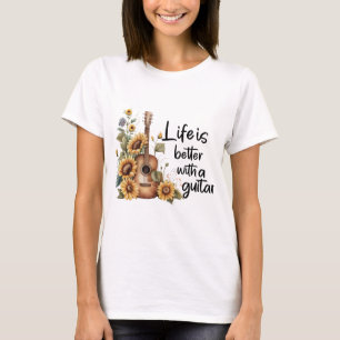 Pas naamgitaar met zonnebloem aan t-shirt