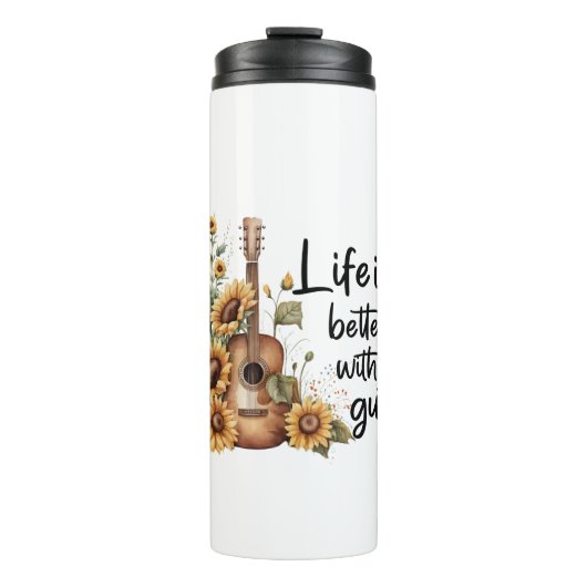Pas naamgitaar met zonnebloem aan thermosbeker (Voorkant)
