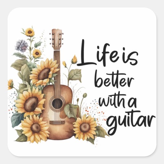 Pas naamgitaar met zonnebloem aan vierkante sticker (Voorkant)